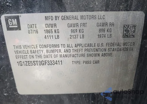 2016 Chevrolet Malibu 1Lt из США, поврежденный, VIN 1G1ZE5ST0GF333411